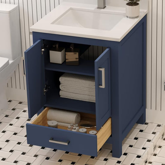 Ayna Decors Rooh 24 Inch Navy Blue Bathroom Vanity with Sink, Quartz Countertop, 2 Soft Closing Doors and 1 Full Extension Drawer, Brushed Nickel Hardware