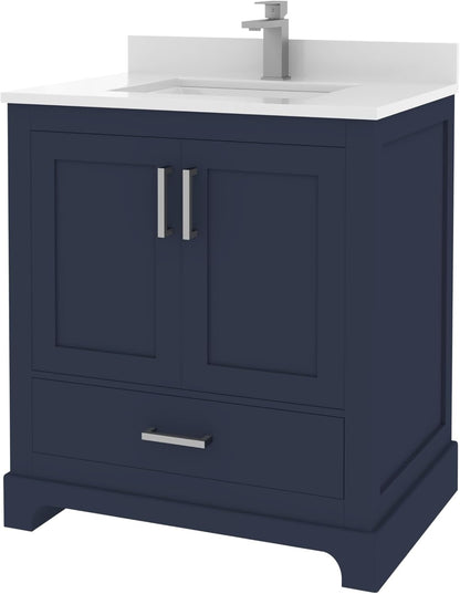 Ayna Decors Maya 30 inch Navy Blue Bathroom Vanity Set with Quartz Countertop, Soft Closing Doors and Full Extension Drawer