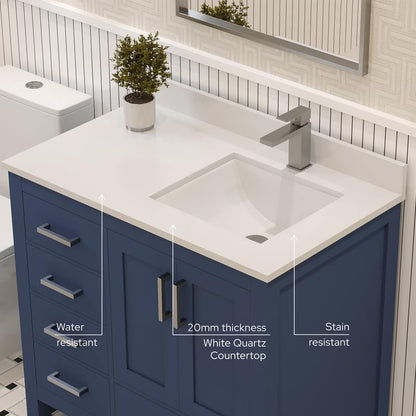 Ayna Decors Rooh 36 Inch Navy Blue Bathroom Vanity with Sink, Quartz Countertop, 2 Soft Closing Doors, and 4 Full Extension Drawers, Brushed Nickel Hardware