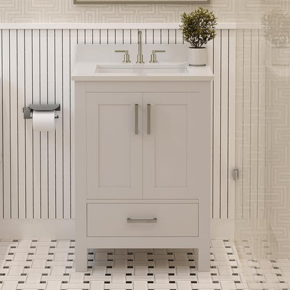 Ayna Decors Rooh 24" Solid Wood Bathroom Vanity with Sink – White, 3 Pre-Drilled Faucet Holes, 2 Soft-Close Doors, 1 Full-Extension Drawer, Brushed Nickel Handles