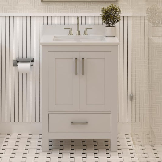 Ayna Decors Rooh 24" Solid Wood Bathroom Vanity with Sink – White, 3 Pre-Drilled Faucet Holes, 2 Soft-Close Doors, 1 Full-Extension Drawer, Brushed Nickel Handles