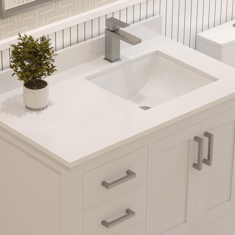 Ayna Decors Rooh 36 Inch White Bathroom Vanity with Sink, Quartz Countertop, 2 Soft Closing Doors, and 4 Full Extension Drawers, Brushed Nickel Hardware