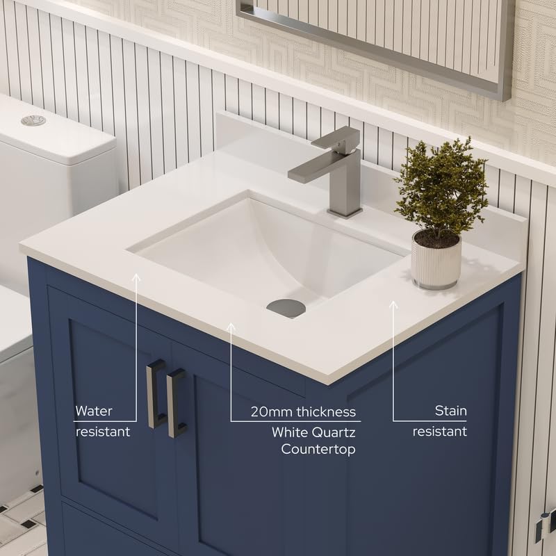 Ayna Decors Rooh 30 Inch Navy Blue Bathroom Vanity with Sink, Quartz Countertop, 2 Soft Closing Doors and 1 Full Extension Drawer, Brushed Nickel Hardware