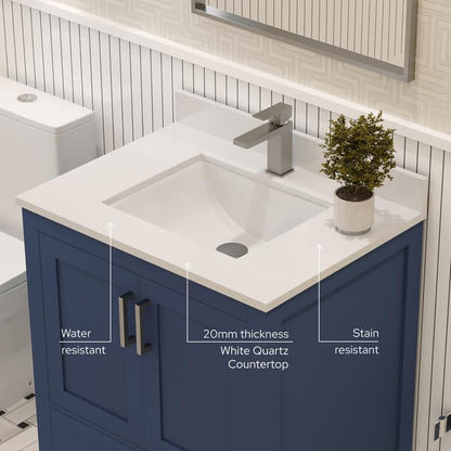 Ayna Decors Rooh 30 Inch Navy Blue Bathroom Vanity with Sink, Quartz Countertop, 2 Soft Closing Doors and 1 Full Extension Drawer, Brushed Nickel Hardware