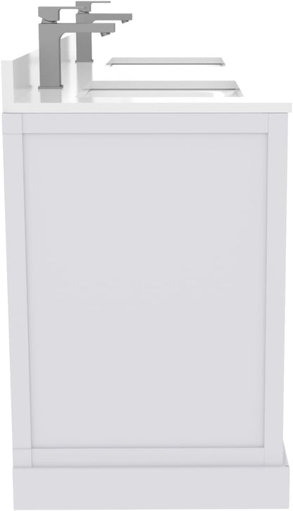 Ayna Decors Maya 60 Inch White Bathroom Vanity with Sink, Quartz Countertop, 4 Soft Closing Doors and 5 Full Extension Drawers, Brushed Nickel Hardware
