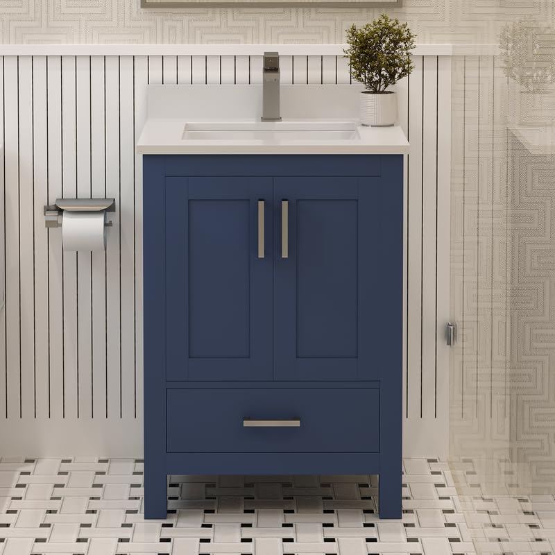 Ayna Decors Rooh 24 Inch Navy Blue Bathroom Vanity with Sink, Quartz Countertop, 2 Soft Closing Doors and 1 Full Extension Drawer, Brushed Nickel Hardware