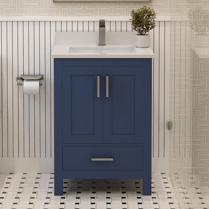 Ayna Decors Rooh 24 Inch Navy Blue Bathroom Vanity with Sink, Quartz Countertop, 2 Soft Closing Doors and 1 Full Extension Drawer, Brushed Nickel Hardware