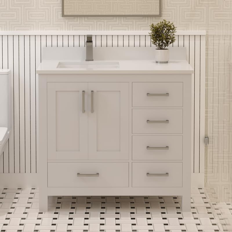 Ayna Decors Rooh 36 Inch White Bathroom Vanity with Sink, Quartz Countertop, 2 Soft Closing Doors, and 4 Full Extension Drawers, Brushed Nickel Hardware