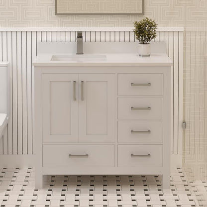 Ayna Decors Rooh 36 Inch White Bathroom Vanity with Sink, Quartz Countertop, 2 Soft Closing Doors, and 4 Full Extension Drawers, Brushed Nickel Hardware
