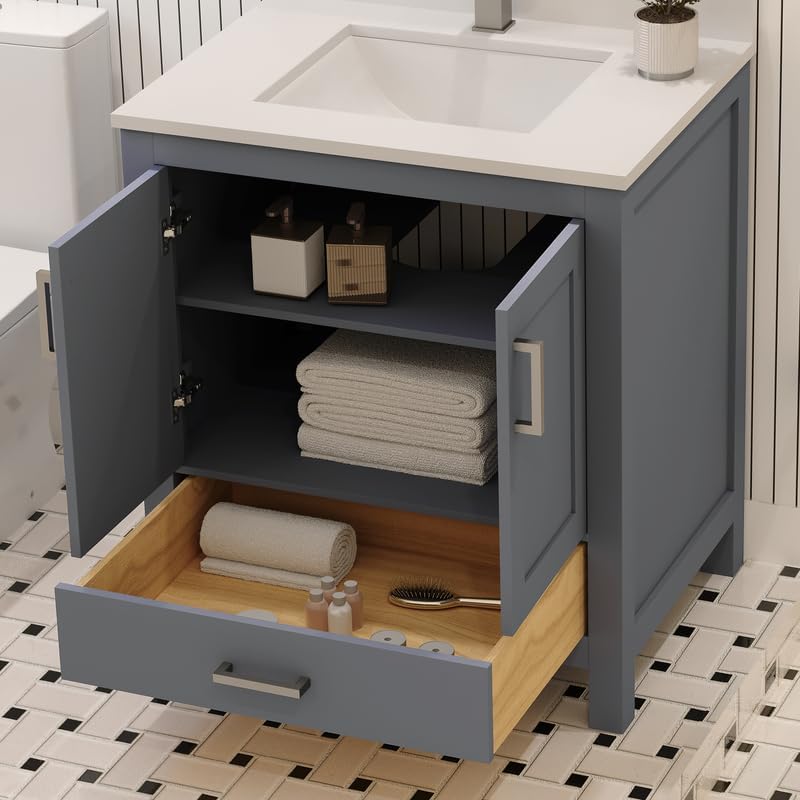 Ayna Decors Rooh 30 Inch Charcoal Grey Bathroom Vanity with Sink, Quartz Countertop, 2 Soft Closing Doors and 1 Full Extension Drawer, Brushed Nickel Hardware