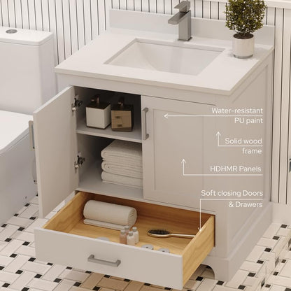 Ayna Decors Maya 30 Inch White Bathroom Vanity with Sink, Quartz Countertop, 2 Soft Closing Doors and 1 Full Extension Drawer, Brushed Nickel Hardware