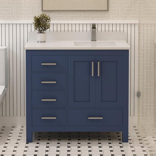 Ayna Decors Rooh 36 Inch Navy Blue Bathroom Vanity with Sink, Quartz Countertop, 2 Soft Closing Doors, and 4 Full Extension Drawers, Brushed Nickel Hardware