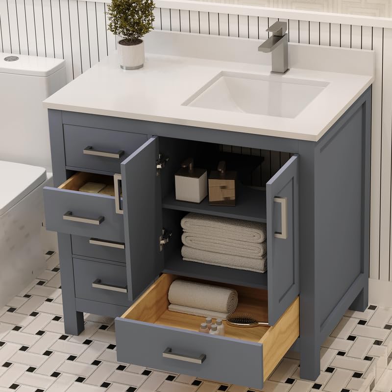 Ayna Decors Rooh 36 Inch Charcoal Grey Bathroom Vanity with Sink, Quartz Countertop, 2 Soft Closing Doors, and 4 Full Extension Drawers, Brushed Nickel Hardware