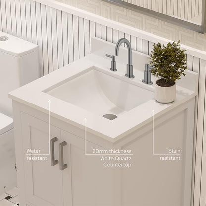Ayna Decors Rooh 24" Solid Wood Bathroom Vanity with Sink – White, 3 Pre-Drilled Faucet Holes, 2 Soft-Close Doors, 1 Full-Extension Drawer, Brushed Nickel Handles