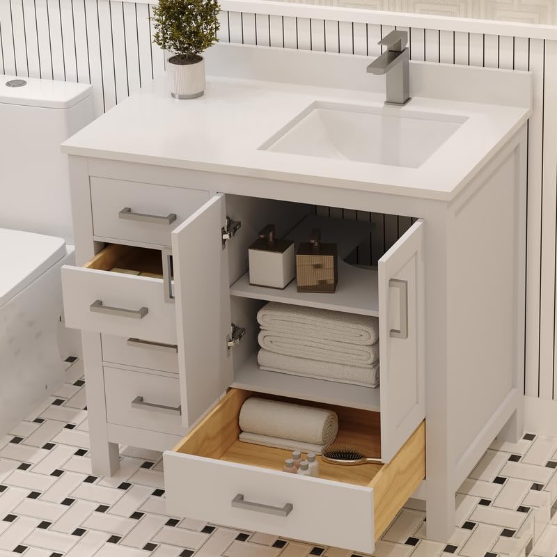 Ayna Decors Rooh 36 Inch White Bathroom Vanity with Sink, Quartz Countertop, 2 Soft Closing Doors, and 4 Full Extension Drawers, Brushed Nickel Hardware