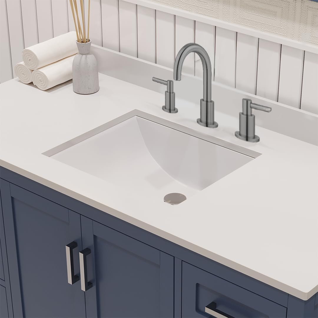 Ayna Decors Maya 48 Inch Navy Blue Bathroom Vanity with Sink and Quartz Countertop, 3 Pre-Drilled Faucet Holes, 2 Soft Closing Doors, and 7 Full Extension Drawers, Brushed Nickel Hardware