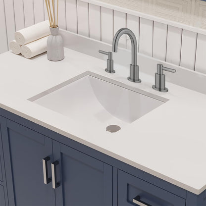 Ayna Decors Maya 48 Inch Navy Blue Bathroom Vanity with Sink and Quartz Countertop, 3 Pre-Drilled Faucet Holes, 2 Soft Closing Doors, and 7 Full Extension Drawers, Brushed Nickel Hardware