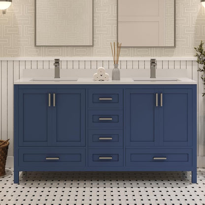 Ayna Decors Rooh 60 Inch Navy Blue Bathroom Vanity with Sink, Quartz Countertop, 4 Soft Closing Doors and 5 Full Extension Drawers, Brushed Nickel Hardware