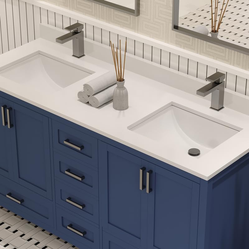 Ayna Decors Rooh 60 Inch Navy Blue Bathroom Vanity with Sink, Quartz Countertop, 4 Soft Closing Doors and 5 Full Extension Drawers, Brushed Nickel Hardware