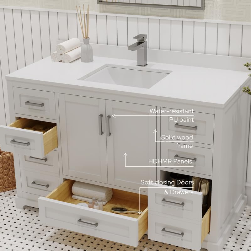 Ayna Decors Maya 48 Inch White Bathroom Vanity with Sink, Quartz Countertop, 2 Soft Closing Doors, and 7 Full Extension Drawers, Brushed Nickel Hardware