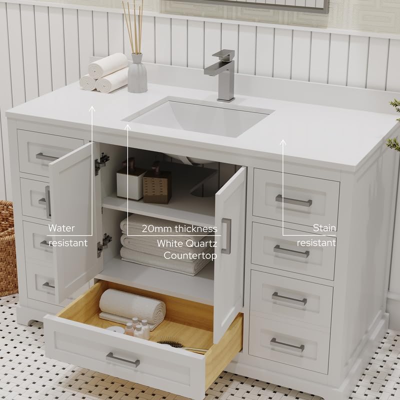 Ayna Decors Maya 48 Inch White Bathroom Vanity with Sink, Quartz Countertop, 2 Soft Closing Doors, and 7 Full Extension Drawers, Brushed Nickel Hardware