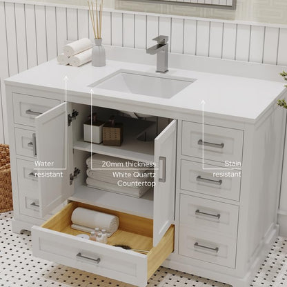 Ayna Decors Maya 48 Inch White Bathroom Vanity with Sink, Quartz Countertop, 2 Soft Closing Doors, and 7 Full Extension Drawers, Brushed Nickel Hardware