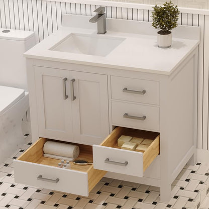 Ayna Decors Rooh 36 Inch White Bathroom Vanity with Sink, Quartz Countertop, 2 Soft Closing Doors, and 4 Full Extension Drawers, Brushed Nickel Hardware