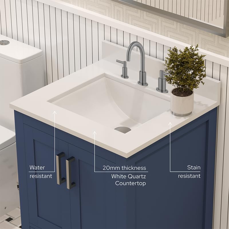 Ayna Decors Rooh 24" Solid Wood Bathroom Vanity with Sink – Navy Blue, 3 Pre-Drilled Faucet Holes, 2 Soft-Close Doors, 1 Full-Extension Drawer, Brushed Nickel Handles