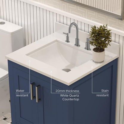 Ayna Decors Rooh 24" Solid Wood Bathroom Vanity with Sink – Navy Blue, 3 Pre-Drilled Faucet Holes, 2 Soft-Close Doors, 1 Full-Extension Drawer, Brushed Nickel Handles