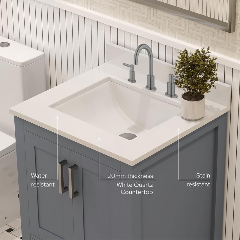 Ayna Decors Rooh 24" Solid Wood Bathroom Vanity with Sink – Charcoal Grey, 3 Pre-Drilled Faucet Holes, 2 Soft-Close Doors, 1 Full-Extension Drawer, Brushed Nickel Handles