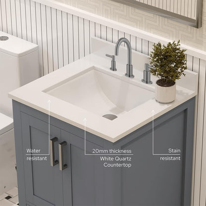 Ayna Decors Rooh 24" Solid Wood Bathroom Vanity with Sink – Charcoal Grey, 3 Pre-Drilled Faucet Holes, 2 Soft-Close Doors, 1 Full-Extension Drawer, Brushed Nickel Handles
