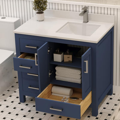 Ayna Decors Rooh 36 Inch Navy Blue Bathroom Vanity with Sink, Quartz Countertop, 2 Soft Closing Doors, and 4 Full Extension Drawers, Brushed Nickel Hardware