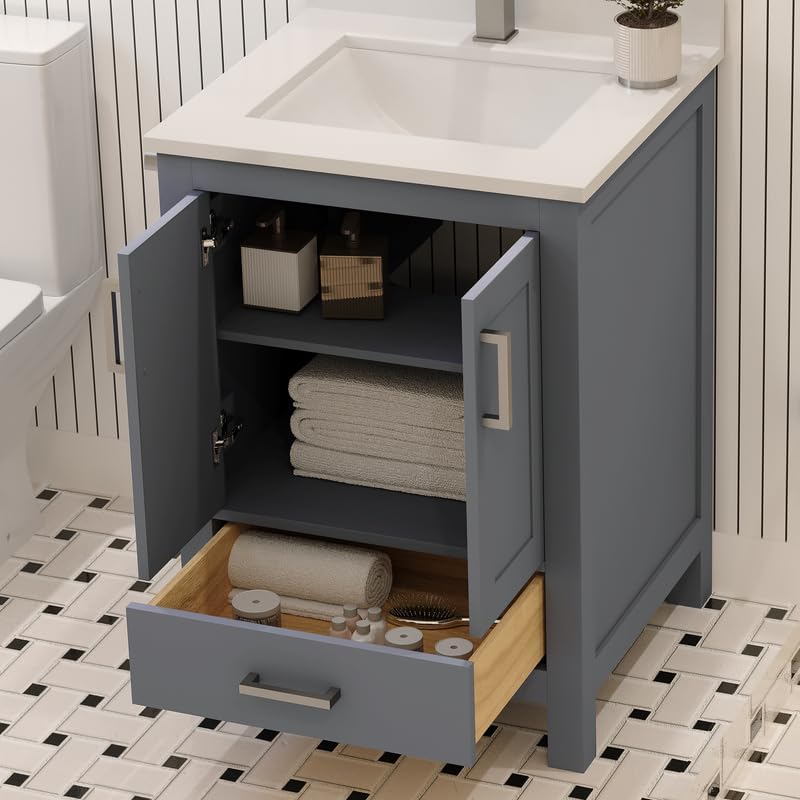Ayna Decors Rooh 24 Inch Charcoal Grey Bathroom Vanity with Sink, Quartz Countertop, 2 Soft Closing Doors and 1 Full Extension Drawer, Brushed Nickel Hardware