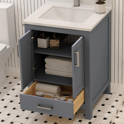Ayna Decors Rooh 24 Inch Charcoal Grey Bathroom Vanity with Sink, Quartz Countertop, 2 Soft Closing Doors and 1 Full Extension Drawer, Brushed Nickel Hardware