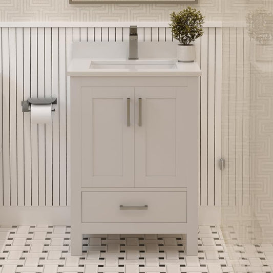 Ayna Decors Rooh 24 Inch White Bathroom Vanity with Sink, Quartz Countertop, 2 Soft Closing Doors and 1 Full Extension Drawer, Brushed Nickel Hardware