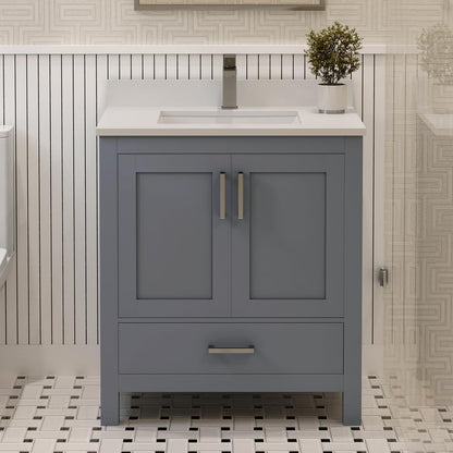 Ayna Decors Rooh 30 Inch Charcoal Grey Bathroom Vanity with Sink, Quartz Countertop, 2 Soft Closing Doors and 1 Full Extension Drawer, Brushed Nickel Hardware
