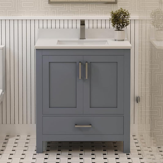 Ayna Decors Rooh 30 Inch Charcoal Grey Bathroom Vanity with Sink, Quartz Countertop, 2 Soft Closing Doors and 1 Full Extension Drawer, Brushed Nickel Hardware