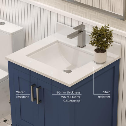 Ayna Decors Rooh 24 Inch Navy Blue Bathroom Vanity with Sink, Quartz Countertop, 2 Soft Closing Doors and 1 Full Extension Drawer, Brushed Nickel Hardware