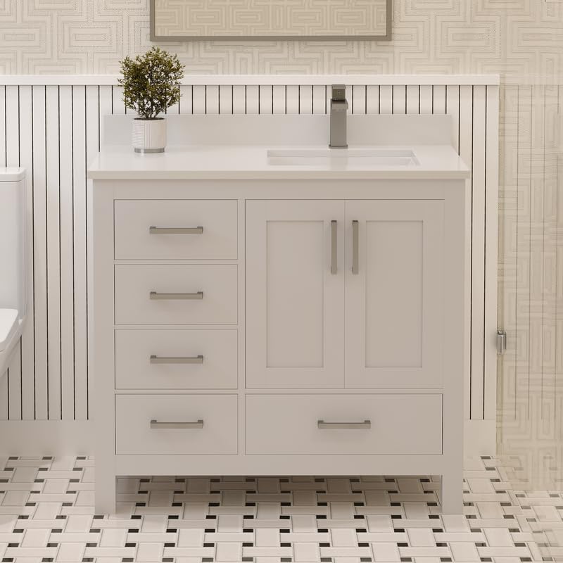 Ayna Decors Rooh 36 Inch White Bathroom Vanity with Sink, Quartz Countertop, 2 Soft Closing Doors, and 4 Full Extension Drawers, Brushed Nickel Hardware
