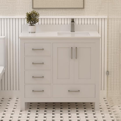 Ayna Decors Rooh 36 Inch White Bathroom Vanity with Sink, Quartz Countertop, 2 Soft Closing Doors, and 4 Full Extension Drawers, Brushed Nickel Hardware