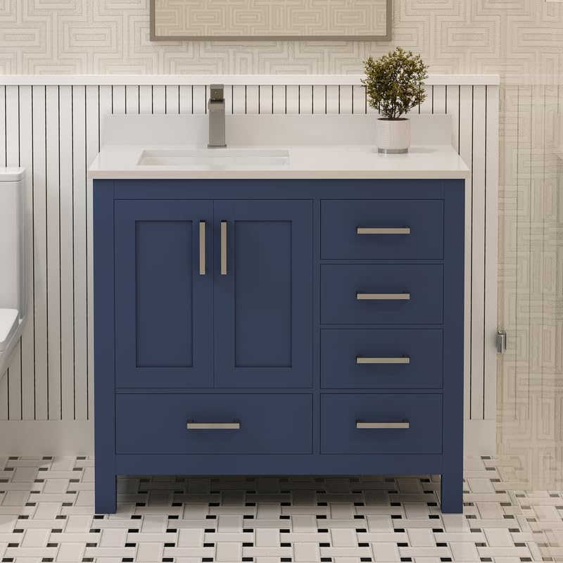 Ayna Decors Rooh 36 Inch Navy Blue Bathroom Vanity with Sink, Quartz Countertop, 2 Soft Closing Doors, and 4 Full Extension Drawers, Brushed Nickel Hardware