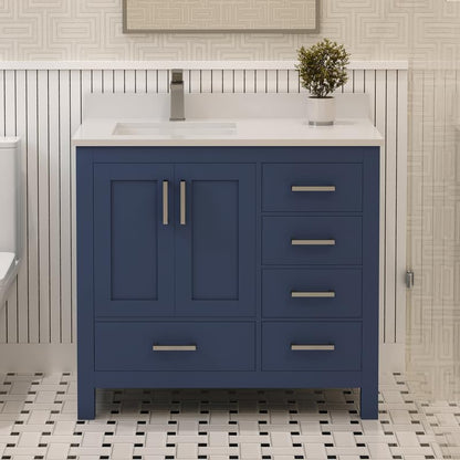 Ayna Decors Rooh 36 Inch Navy Blue Bathroom Vanity with Sink, Quartz Countertop, 2 Soft Closing Doors, and 4 Full Extension Drawers, Brushed Nickel Hardware