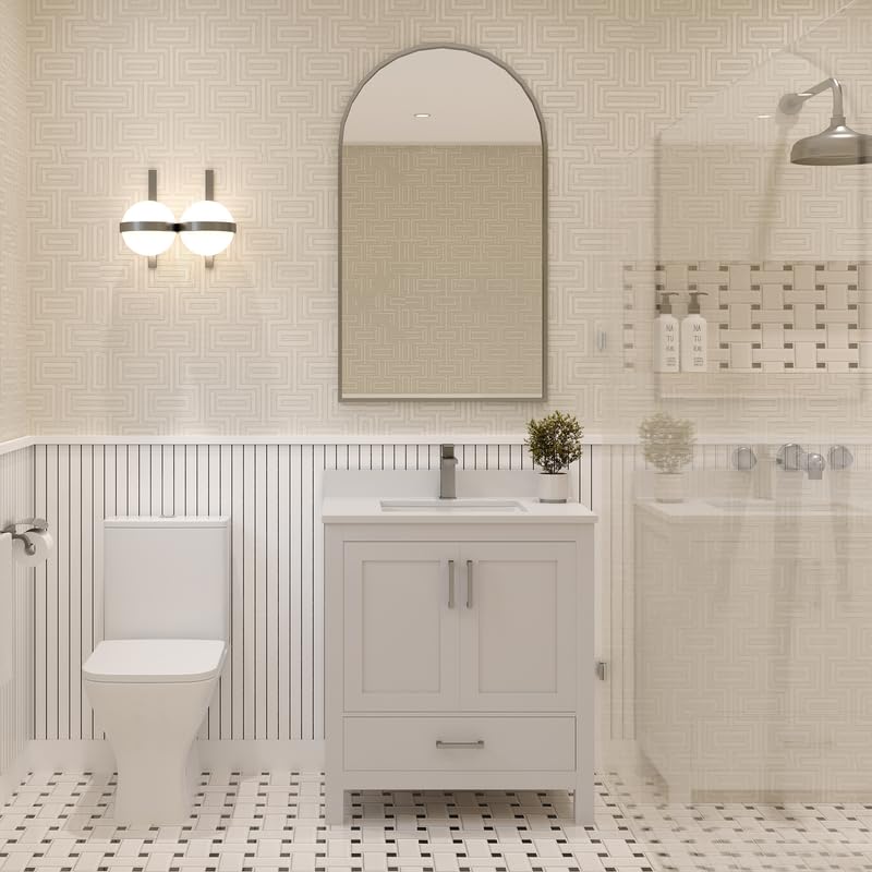 Ayna Decors Rooh 30 Inch White Bathroom Vanity with Sink, Quartz Countertop, 2 Soft Closing Doors and 1 Full Extension Drawer Brushed Nickel Hardware