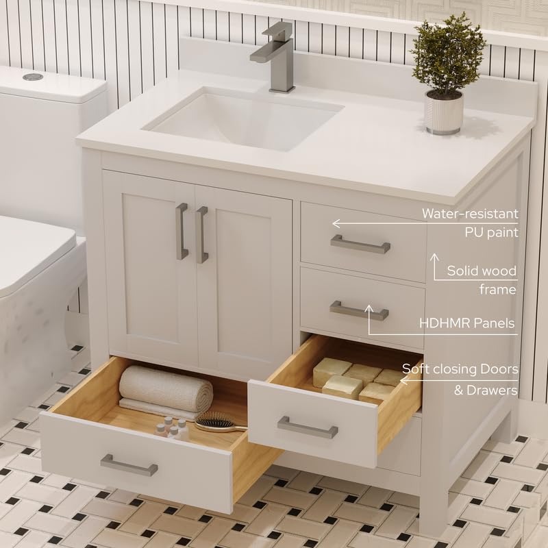 Ayna Decors Rooh 36 Inch White Bathroom Vanity with Sink, Quartz Countertop, 2 Soft Closing Doors, and 4 Full Extension Drawers, Brushed Nickel Hardware