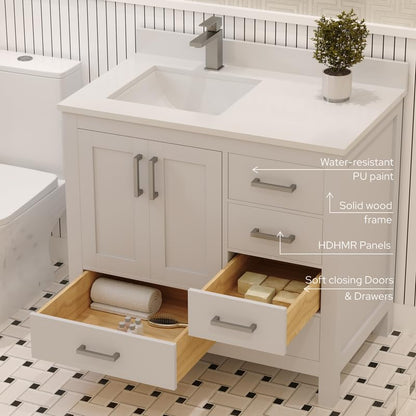 Ayna Decors Rooh 36 Inch White Bathroom Vanity with Sink, Quartz Countertop, 2 Soft Closing Doors, and 4 Full Extension Drawers, Brushed Nickel Hardware