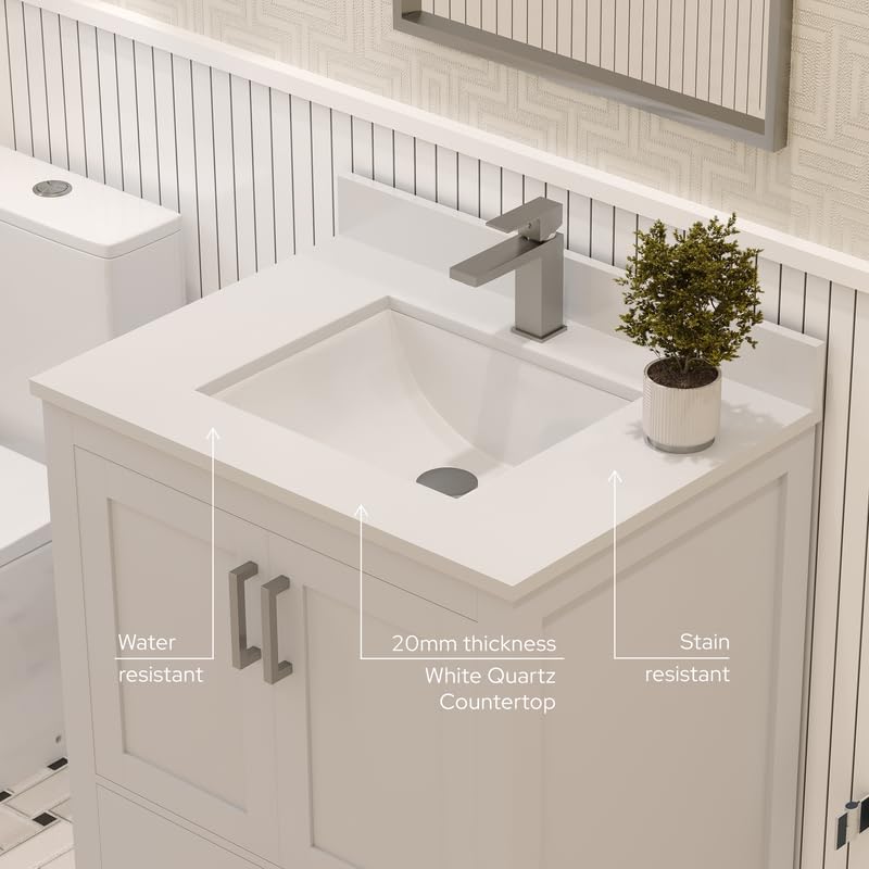 Ayna Decors Maya 30 Inch White Bathroom Vanity with Sink, Quartz Countertop, 2 Soft Closing Doors and 1 Full Extension Drawer, Brushed Nickel Hardware