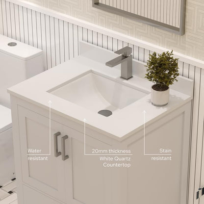 Ayna Decors Maya 30 Inch White Bathroom Vanity with Sink, Quartz Countertop, 2 Soft Closing Doors and 1 Full Extension Drawer, Brushed Nickel Hardware