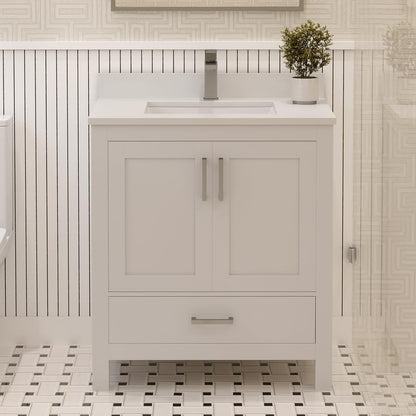 Ayna Decors Rooh 30 Inch White Bathroom Vanity with Sink, Quartz Countertop, 2 Soft Closing Doors and 1 Full Extension Drawer Brushed Nickel Hardware