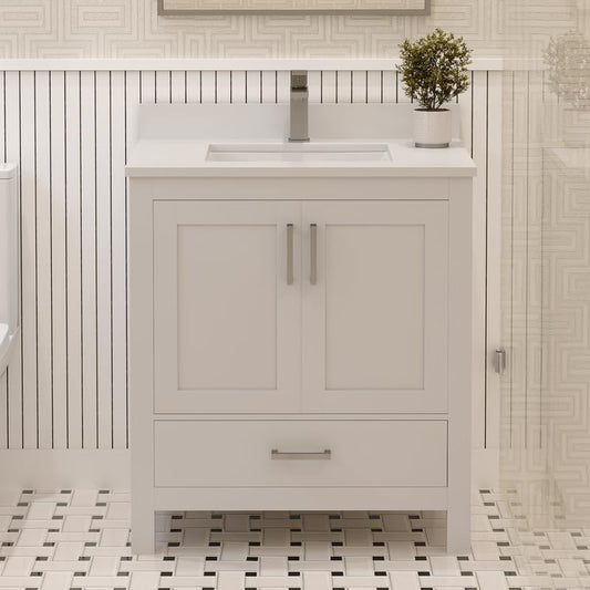 Ayna Decors Rooh 30 Inch White Bathroom Vanity with Sink, Quartz Countertop, 2 Soft Closing Doors and 1 Full Extension Drawer Brushed Nickel Hardware