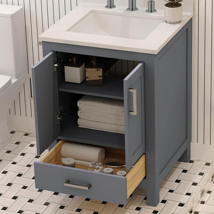 Ayna Decors Rooh 24" Solid Wood Bathroom Vanity with Sink – Charcoal Grey, 3 Pre-Drilled Faucet Holes, 2 Soft-Close Doors, 1 Full-Extension Drawer, Brushed Nickel Handles